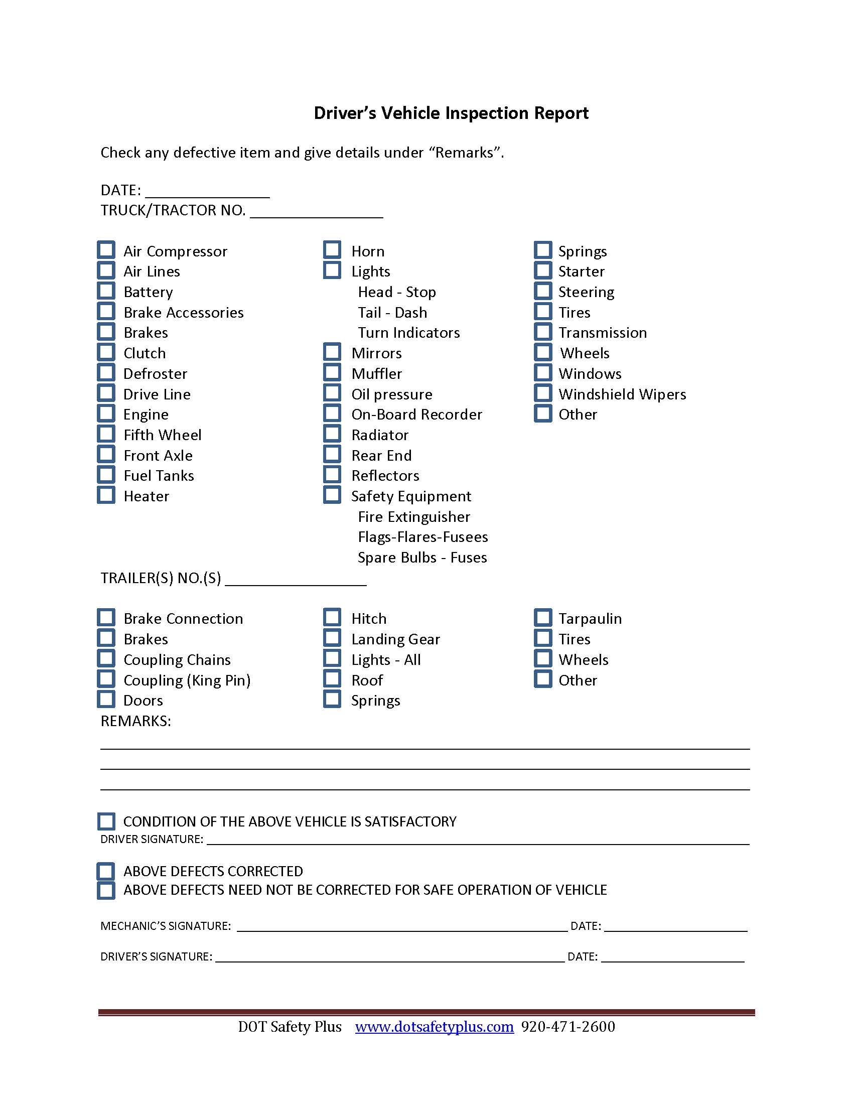 Daily Vehicle Inspection Report DVIR DOT Safety Plus