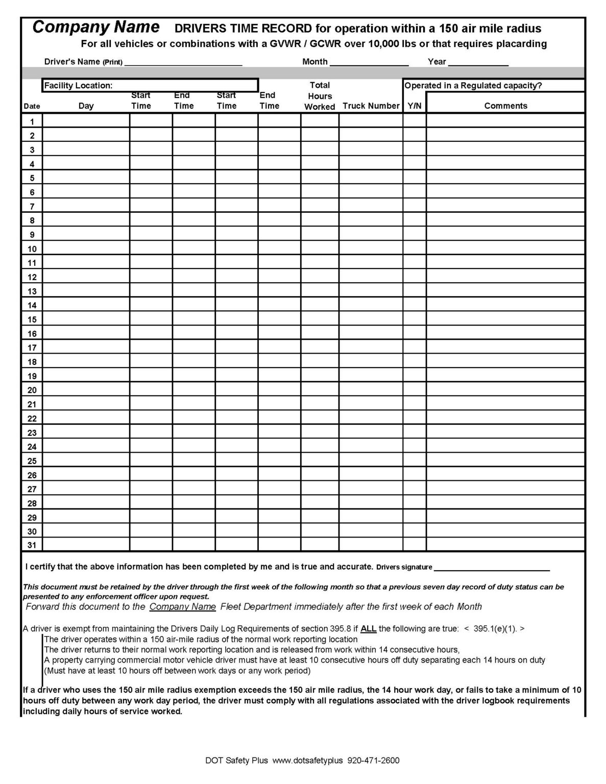 Shorthaul Driver Timesheet | DOT Safety Plus