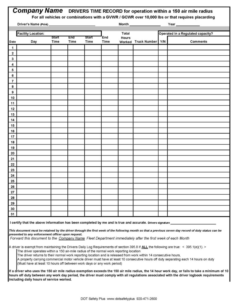 Shorthaul Driver Timesheet | DOT Safety Plus