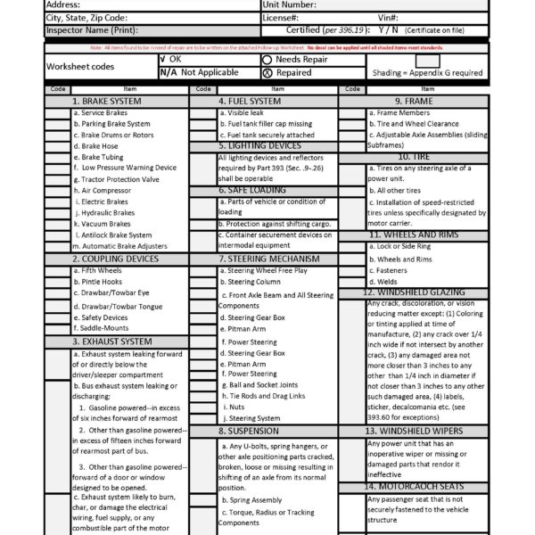 Dot Annual Vehicle Inspection Forms Printable